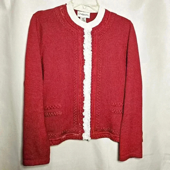 🛑 Chadwick's Vintage Womens Red Button-up Knit Sweater Mock White Blouse PXL - Picture 1 of 7